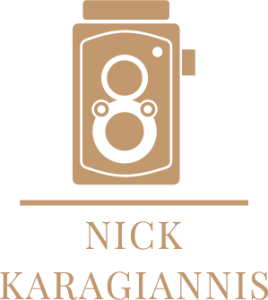Nick Karagiannis Photography logo featuring a vintage twin-lens reflex camera icon above the brand name in a classic serif font.