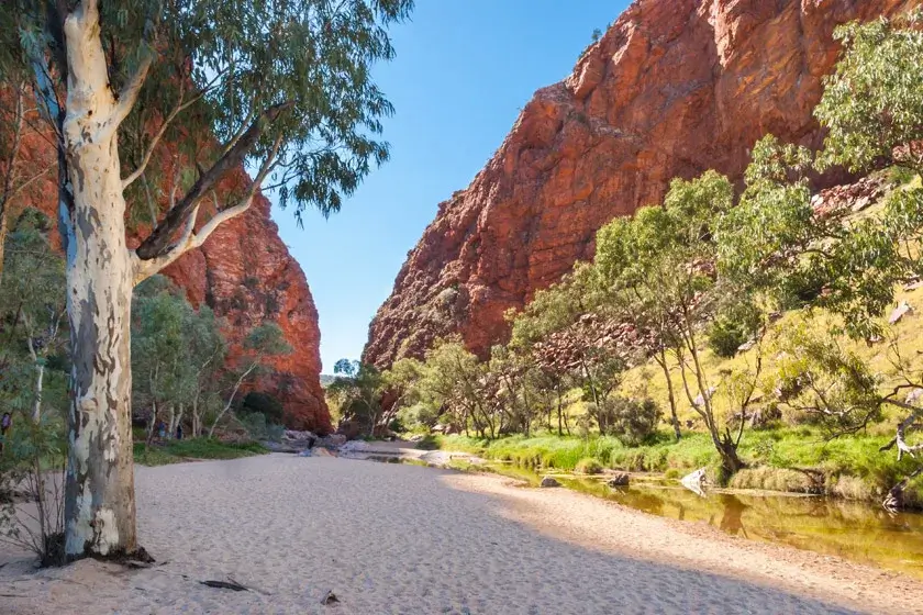Sandy creek bed and red cliffs of the East MacDonnell Ranges in Alice Springs
