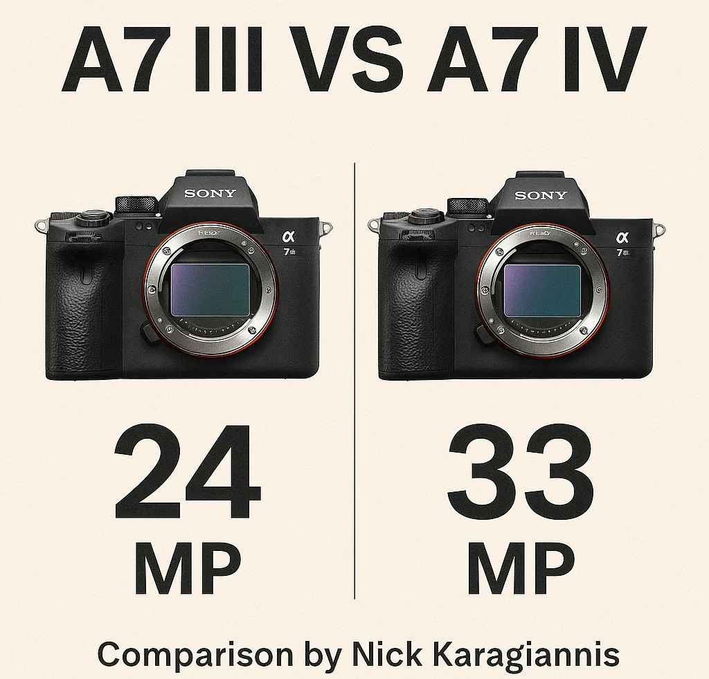 Side-by-side comparison graphic of Sony A7 III and A7 IV cameras with megapixel differences, designed by Nick Karagiannis.
